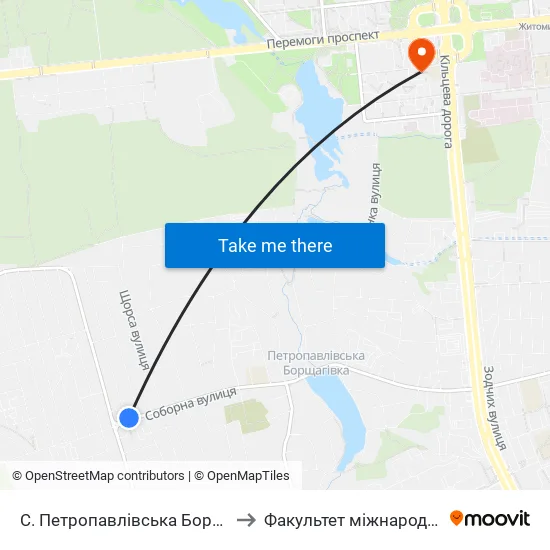 С. Петропавлівська Борщагівка (Вул. Садова) to Факультет міжнародних відносин КіМУ map