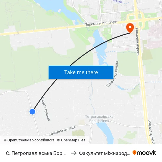 С. Петропавлівська Борщагівка (Вул. Авіаторів) to Факультет міжнародних відносин КіМУ map