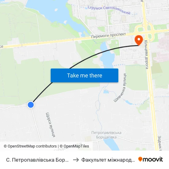 С. Петропавлівська Борщагівка (Вул. Пушкіна) to Факультет міжнародних відносин КіМУ map