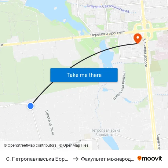 С. Петропавлівська Борщагівка (Вул. Пушкіна) to Факультет міжнародних відносин КіМУ map
