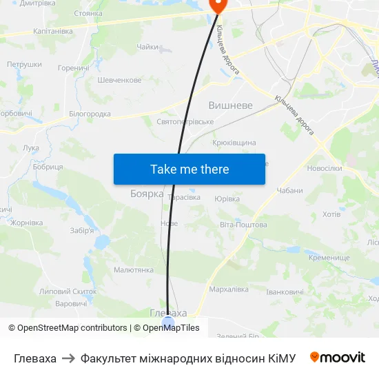 Глеваха to Факультет міжнародних відносин КіМУ map