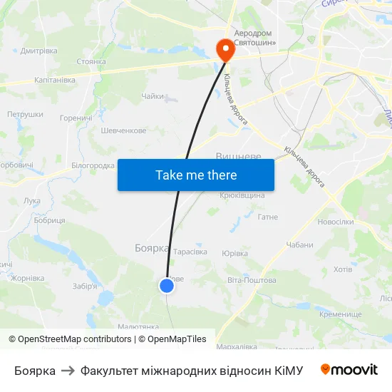 Боярка to Факультет міжнародних відносин КіМУ map