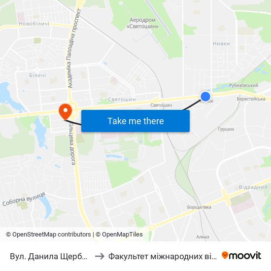 Вул. Данила Щербаківського to Факультет міжнародних відносин КіМУ map