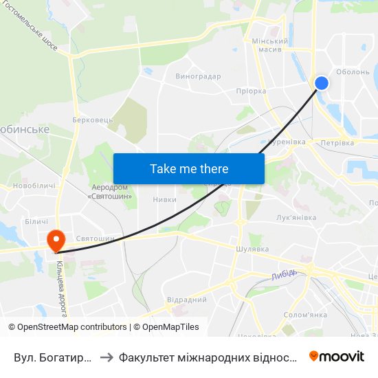 Вул. Богатирська to Факультет міжнародних відносин КіМУ map