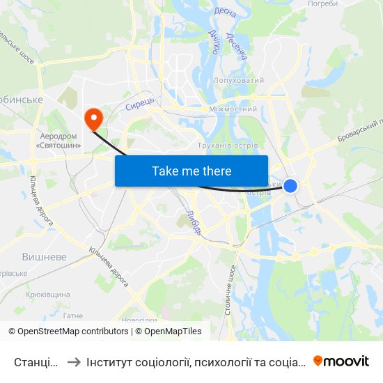 Станція Русанівка to Інститут соціології, психології та соціальних комунікацій НПУ ім. М.П. Драгоманова map