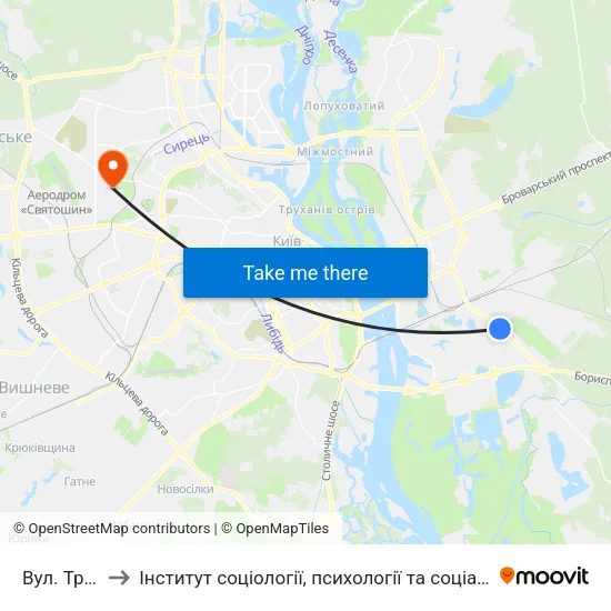 Вул. Тростянецька to Інститут соціології, психології та соціальних комунікацій НПУ ім. М.П. Драгоманова map