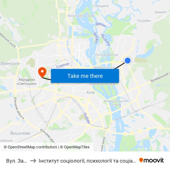 Вул. Закревського to Інститут соціології, психології та соціальних комунікацій НПУ ім. М.П. Драгоманова map