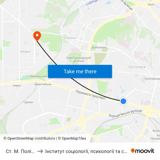 Ст. М. Політехнічний Інститут to Інститут соціології, психології та соціальних комунікацій НПУ ім. М.П. Драгоманова map