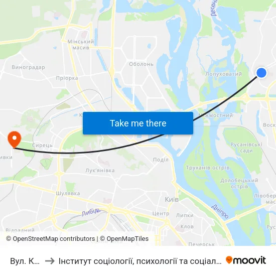 Вул. Каштанова to Інститут соціології, психології та соціальних комунікацій НПУ ім. М.П. Драгоманова map