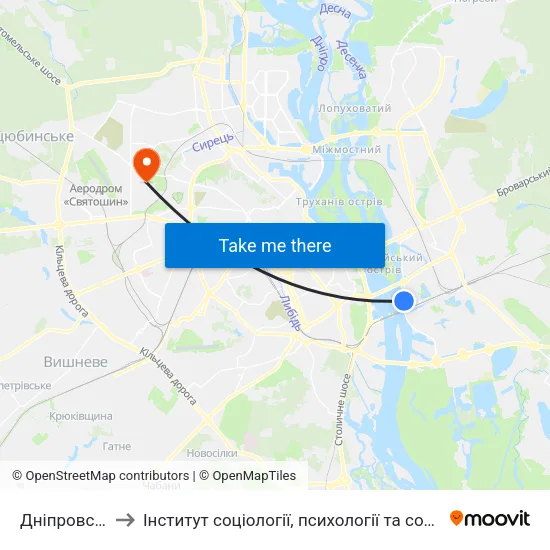 Дніпровська Набережна to Інститут соціології, психології та соціальних комунікацій НПУ ім. М.П. Драгоманова map