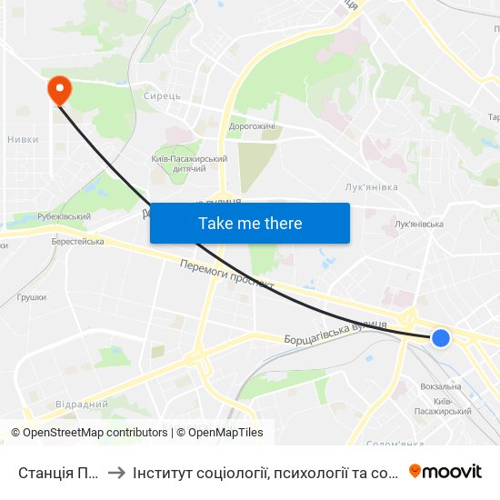 Станція Площа Перемоги to Інститут соціології, психології та соціальних комунікацій НПУ ім. М.П. Драгоманова map