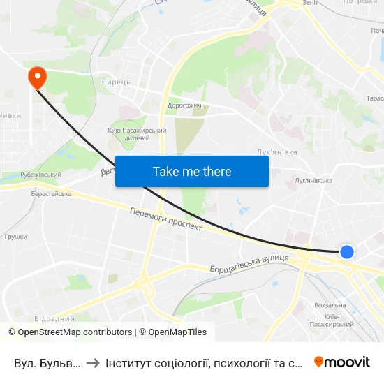 Вул. Бульварно-Кудрявська to Інститут соціології, психології та соціальних комунікацій НПУ ім. М.П. Драгоманова map
