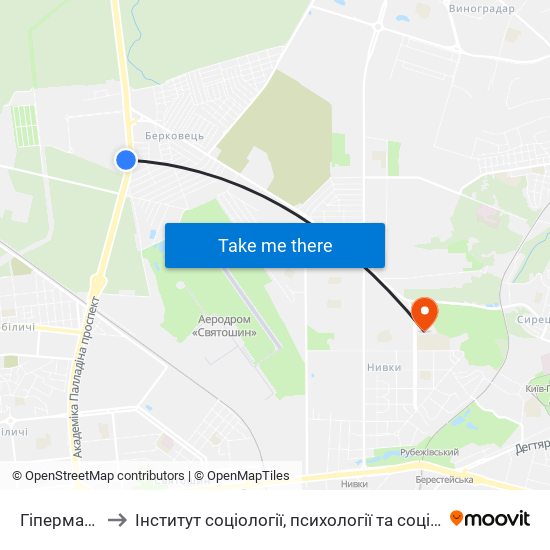 Гіпермаркет Епіцентр to Інститут соціології, психології та соціальних комунікацій НПУ ім. М.П. Драгоманова map