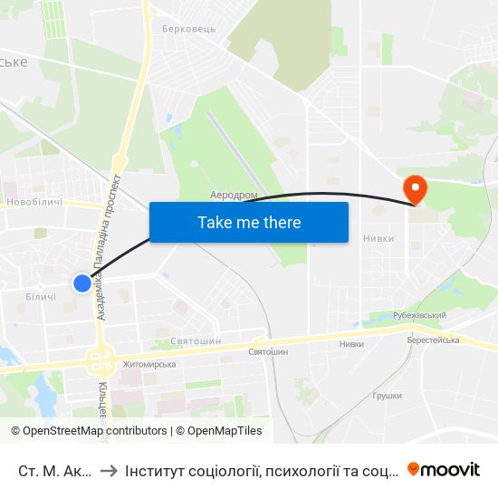 Ст. М. Академмістечко to Інститут соціології, психології та соціальних комунікацій НПУ ім. М.П. Драгоманова map