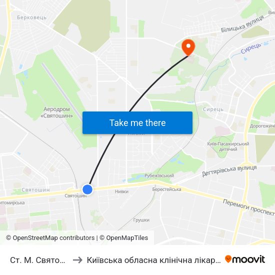 Ст. М. Святошин to Київська обласна клінічна лікарня #2 map