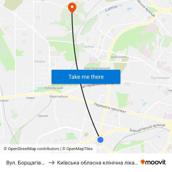 Вул. Борщагівська to Київська обласна клінічна лікарня #2 map