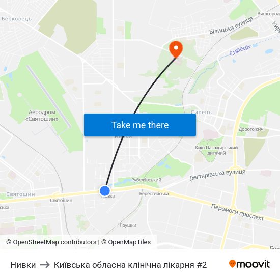 Нивки to Київська обласна клінічна лікарня #2 map