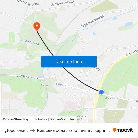 Дорогожичі to Київська обласна клінічна лікарня #2 map