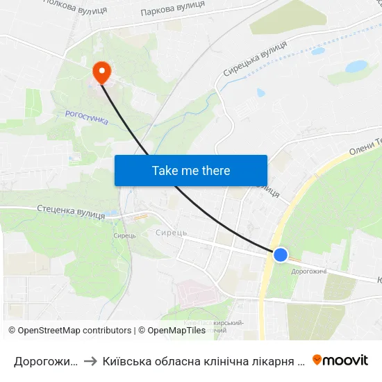 Дорогожичі to Київська обласна клінічна лікарня #2 map