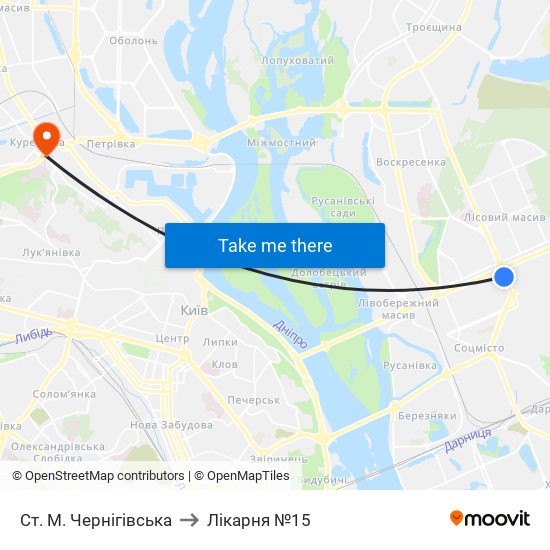 Ст. М. Чернігівська to Лікарня №15 map
