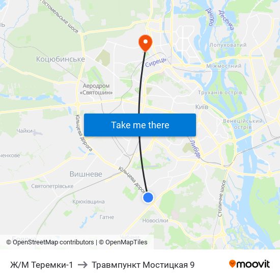 Ж/М Теремки-1 to Травмпункт Мостицкая 9 map