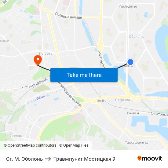 Ст. М. Оболонь to Травмпункт Мостицкая 9 map