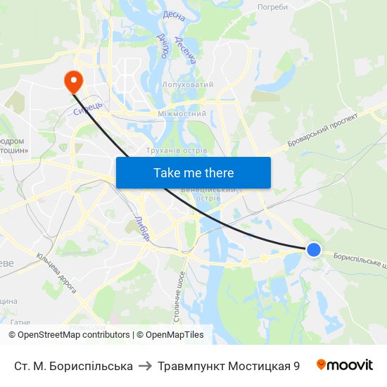 Ст. М. Бориспільська to Травмпункт Мостицкая 9 map