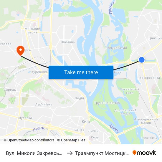 Вул. Миколи Закревського to Травмпункт Мостицкая 9 map