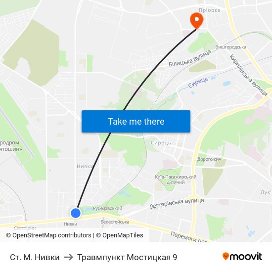 Ст. М. Нивки to Травмпункт Мостицкая 9 map
