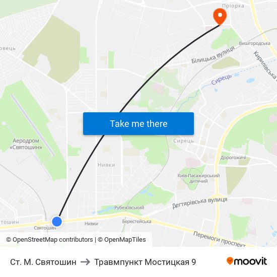 Ст. М. Святошин to Травмпункт Мостицкая 9 map