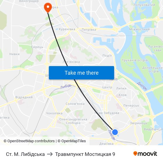 Ст. М. Либідська to Травмпункт Мостицкая 9 map