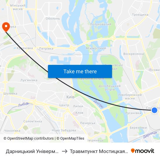 Дарницький Універмаг to Травмпункт Мостицкая 9 map