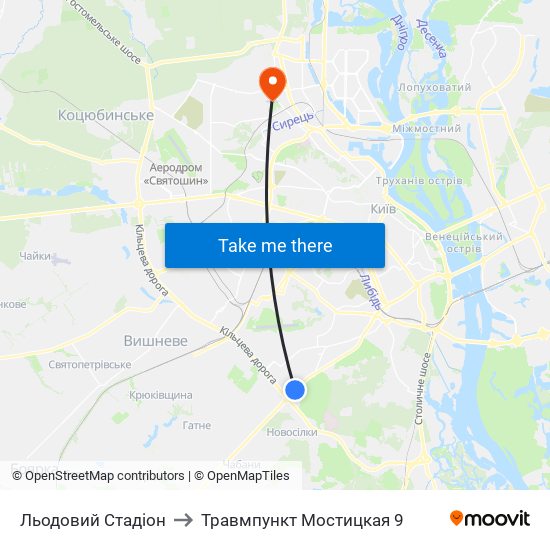 Льодовий Стадіон to Травмпункт Мостицкая 9 map