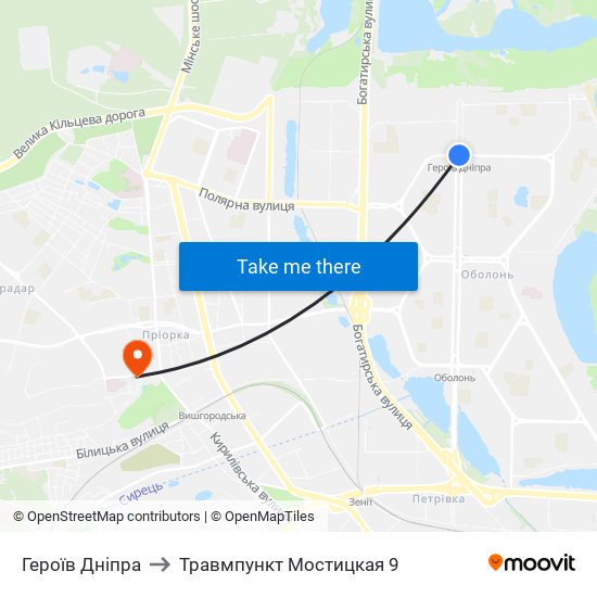 Героїв Дніпра to Травмпункт Мостицкая 9 map