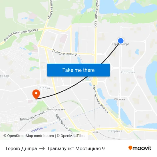 Героїв Дніпра to Травмпункт Мостицкая 9 map