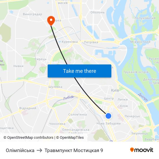 Олімпійська to Травмпункт Мостицкая 9 map