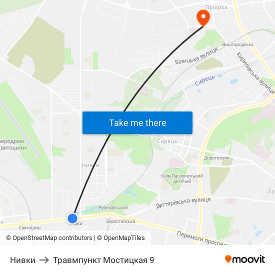 Нивки to Травмпункт Мостицкая 9 map