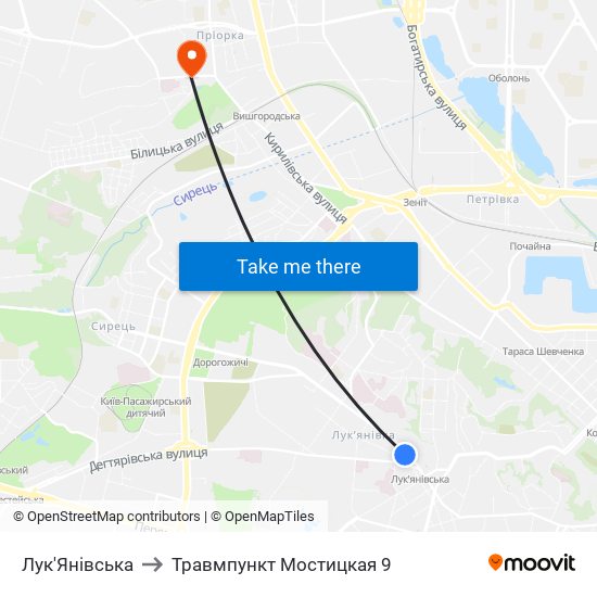 Лук'Янівська to Травмпункт Мостицкая 9 map