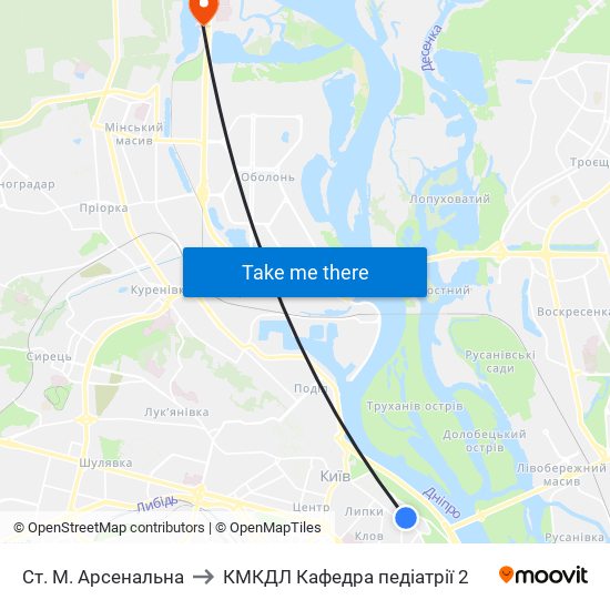 Ст. М. Арсенальна to КМКДЛ Кафедра педіатрії 2 map