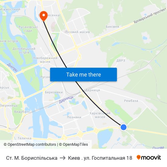 Ст. М. Бориспільська to Киев . ул. Госпитальная 18 map