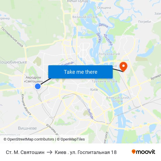 Ст. М. Святошин to Киев . ул. Госпитальная 18 map