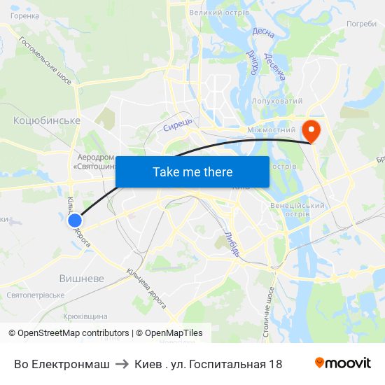 Во Електронмаш to Киев . ул. Госпитальная 18 map