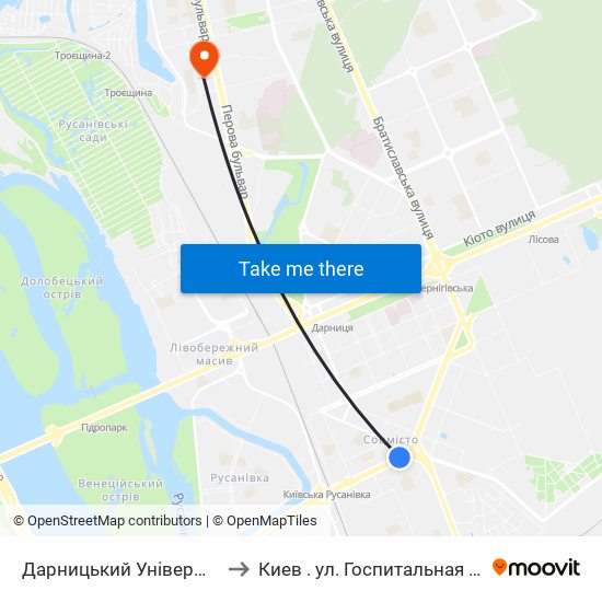 Дарницький Універмаг to Киев . ул. Госпитальная 18 map