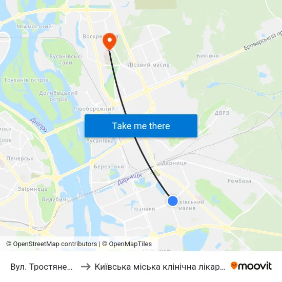 Вул. Тростянецька to Київська міська клінічна лікарня №3 map