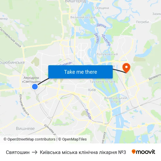Святошин to Київська міська клінічна лікарня №3 map