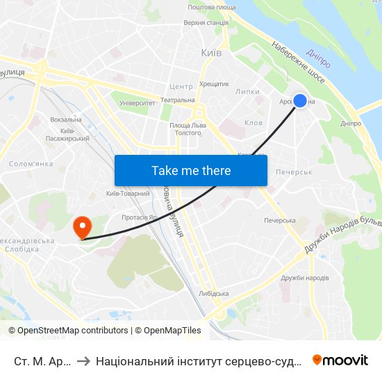 Ст. М. Арсенальна to Національний інститут серцево-судинної хірургії ім. М.М. Амосова map