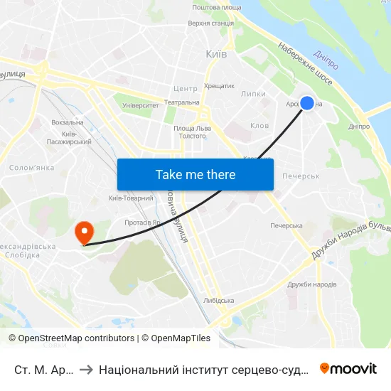 Ст. М. Арсенальна to Національний інститут серцево-судинної хірургії ім. М.М. Амосова map