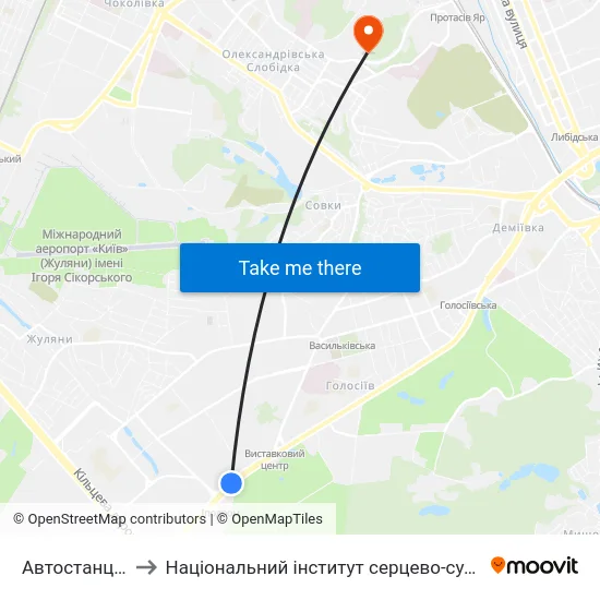 Автостанція Південна to Національний інститут серцево-судинної хірургії ім. М.М. Амосова map