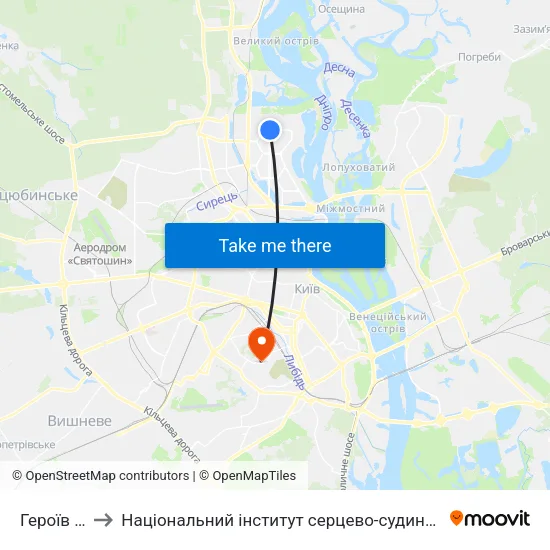 Героїв Дніпра to Національний інститут серцево-судинної хірургії ім. М.М. Амосова map