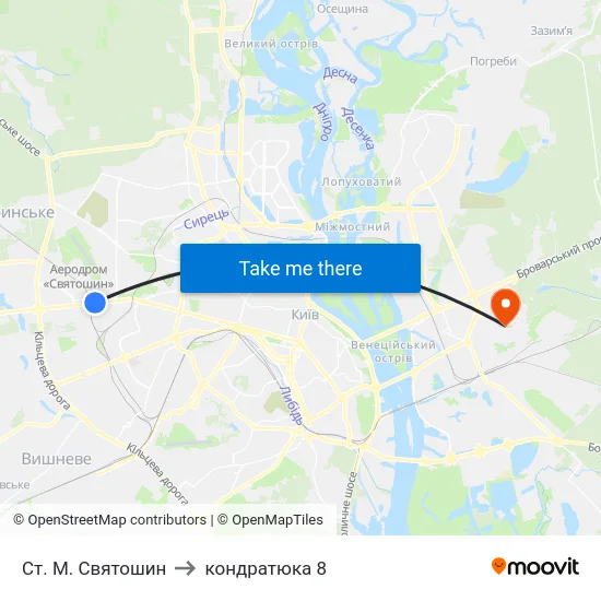 Ст. М. Святошин to кондратюка 8 map